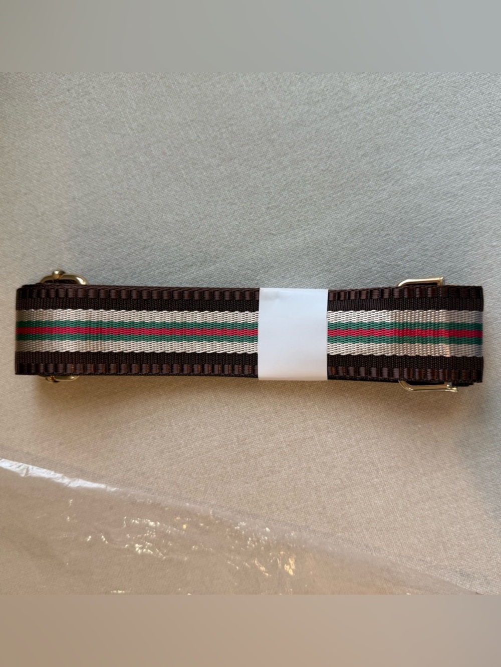 Pom Pom London Brown Green Red Stripe Crossbody Strap w/ Gold Hardware - Picture 2 of 4